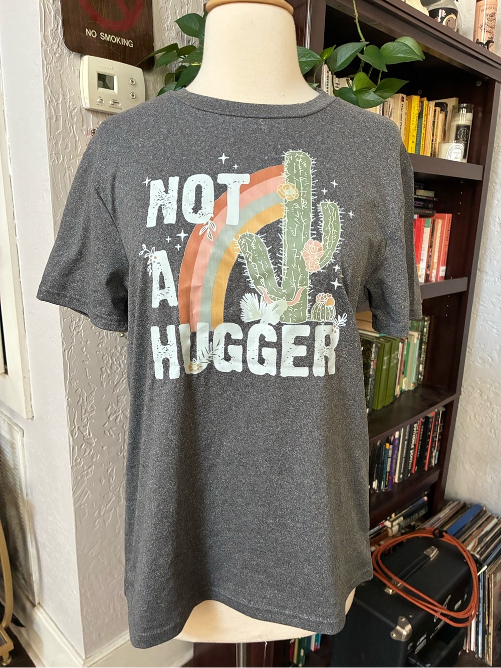 Gray Graphic Tee "Not A Hugger" with Cactus & Rainbow